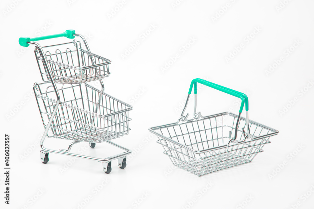 cart and basket for shopping market groceries on white background cart and basket for shopping market groceries on white background