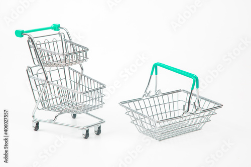 cart and basket for shopping market groceries on white background