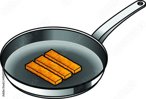 A non-stick frying pan with three crumbed fish fingers.