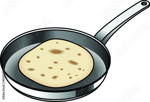 A non-stick frying pan with a pita / pocket bread.