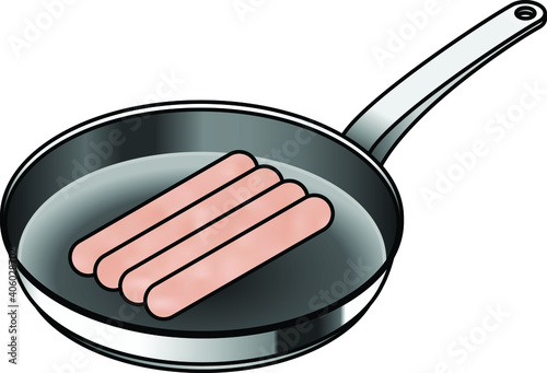 A non-stick frying pan with four pork / meat sausages.