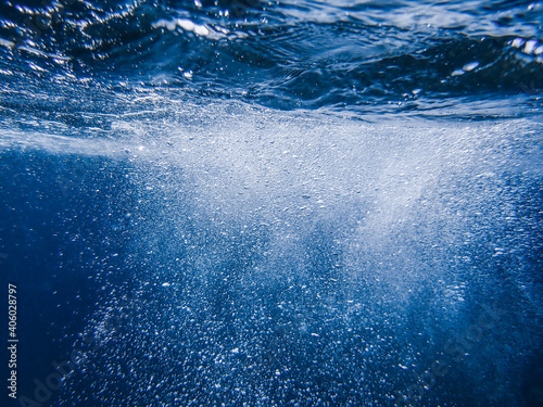 blue underwater Mediterranean sea, blue ocean underwater, waves underwater blue sea bubbles. © boulham