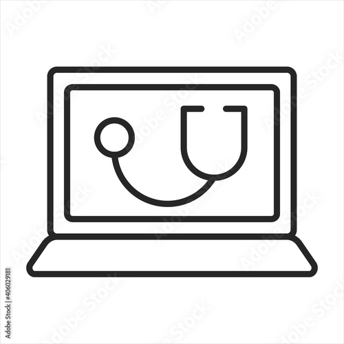 Telemedicine line icon. Vector illustration laptop monitor with stethoscope symbol. Telehealth virtual video. Vector outline editable stroke icon for UI, UX, web design, presentations, networks