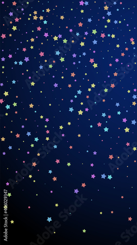 Festive classy confetti. Celebration stars. Colorful stars random on dark blue background. Ideal festive overlay template. Vertical vector background.