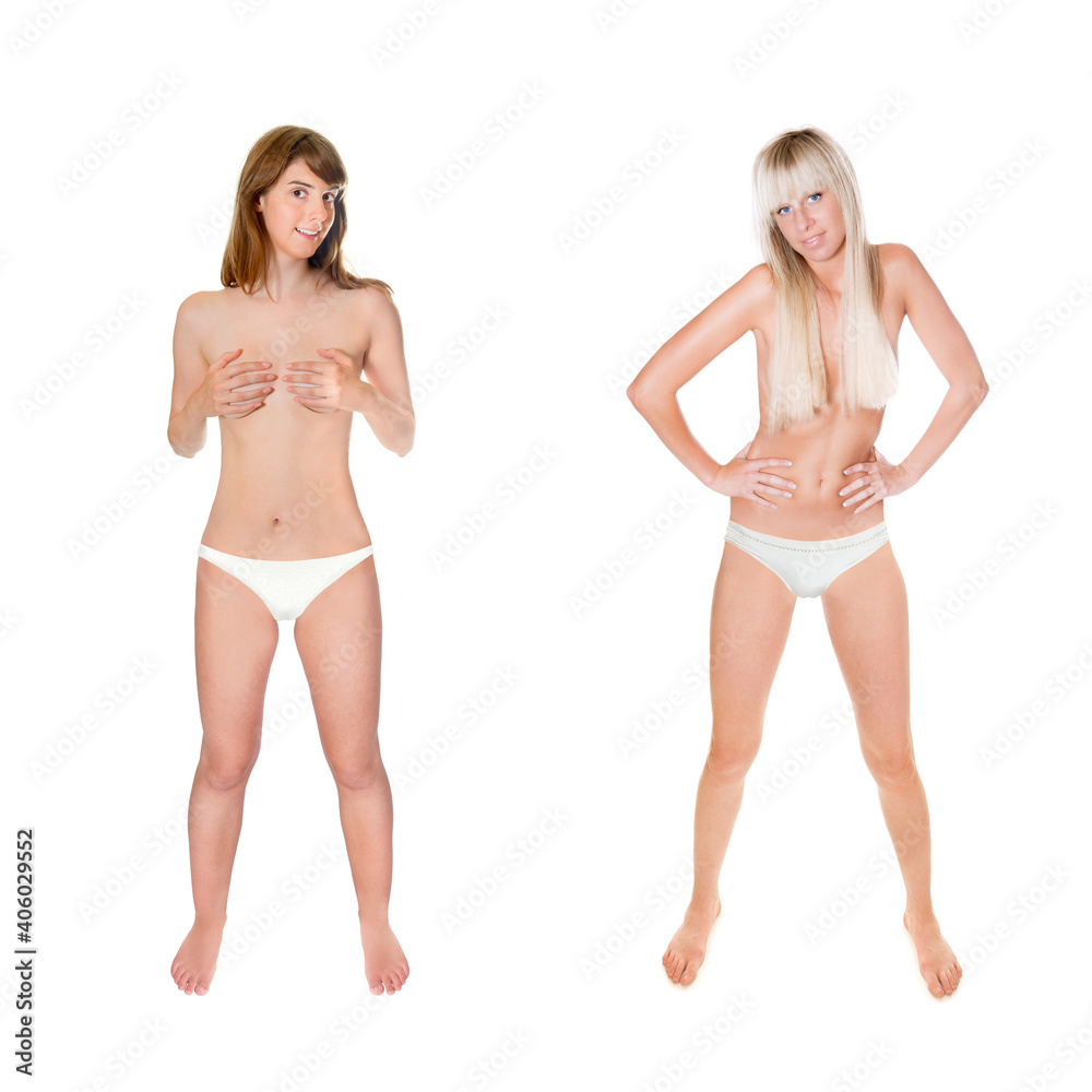 Two full length portraits of beautiful young women wearing white bikini panties, isolated on neutral studio background Two full length portraits of beautiful young women wearing white bikini panties, isolated on neutral studio background