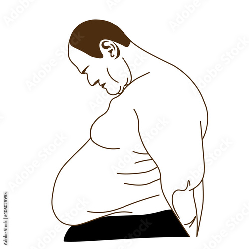 Fat man with obesity, simple sketch, health care  concept, vector illustration.