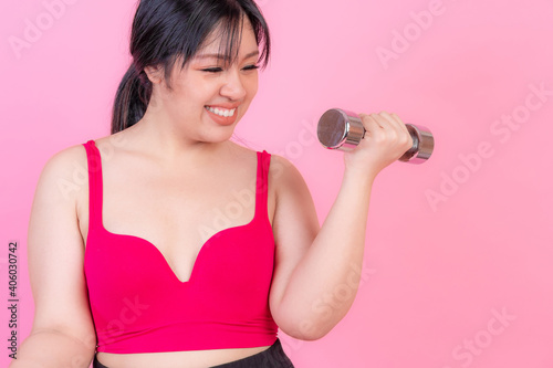 asian fat girl overweight plus size Exercise with dumbbell - lifestyle Woman diet weight loss overweight problem concept