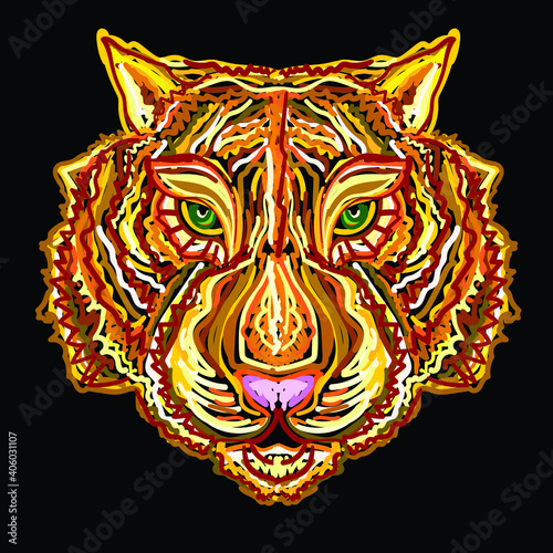 The Vector logo tiger for tattoo or T-shirt design or outwear.  Hunting style big cat print on black background. This hand drawing is for black fabric or canvas.