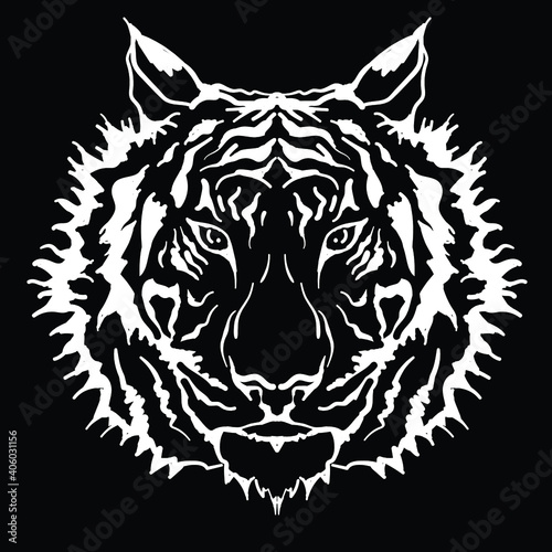 The Vector logo tiger for tattoo or T-shirt design or outwear.  Hunting style big cat print on black background. This hand drawing is for black fabric or canvas.