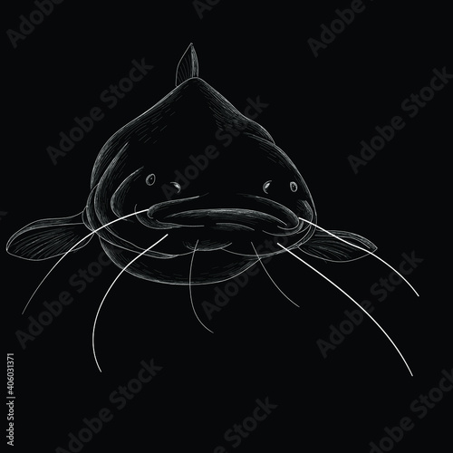 The Vector logo fish on black cloth for T-shirt print  design or outwear.  Fishing style grouper  background. This drawing would be nice to make on the black fabric or canvas.