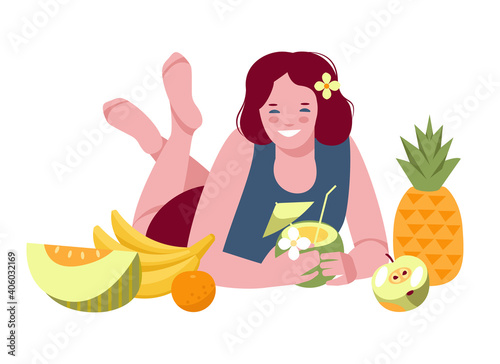 Lying girl drinks a coconut surrounded by fruits. Vector illustration in flat cartoon style. Isolated on a white background.