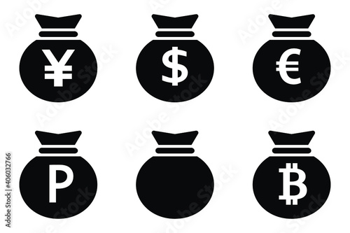 通貨記号の入った黒の袋のビジネスアイコンセット