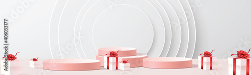 Background vector 3d rendering with podium white scene, minimal abstract background  geometric shape pastel podium and giftbox.