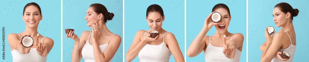 Beautiful young woman with coconut oil on color background Beautiful young woman with coconut oil on color background
