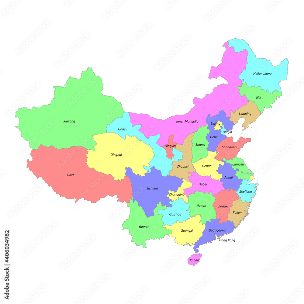 High quality labeled map of China with borders of the regions
