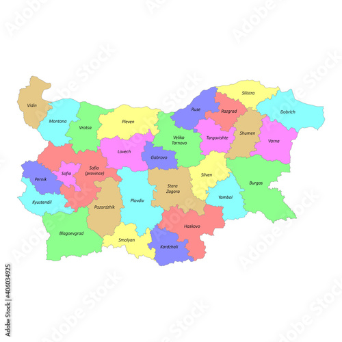 High quality labeled map of Bulgaria with borders of the regions