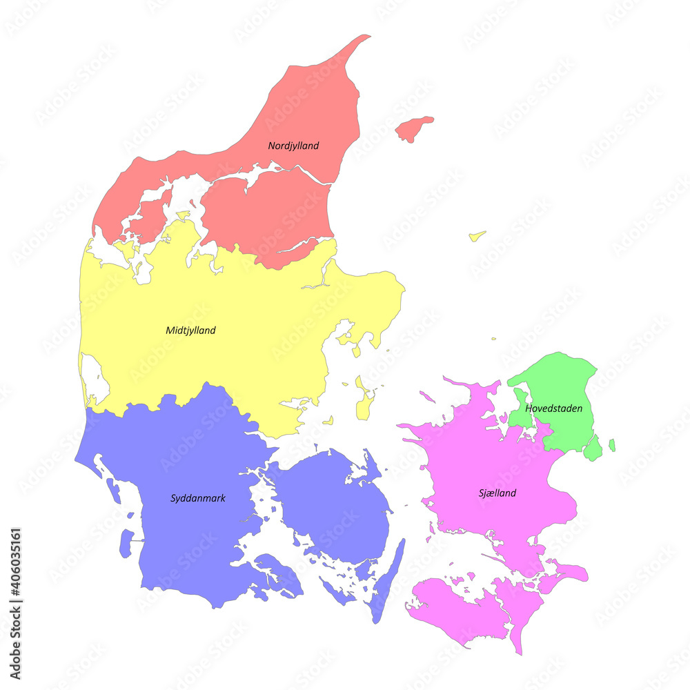 High quality labeled map of Denmark with borders of the regions Stock ...
