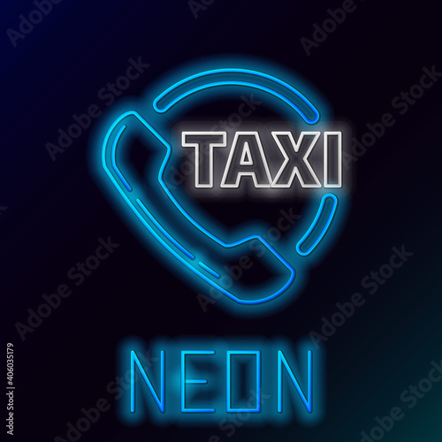 Glowing neon line Taxi call telephone service icon isolated on black background. Taxi for smartphone. Colorful outline concept. Vector.