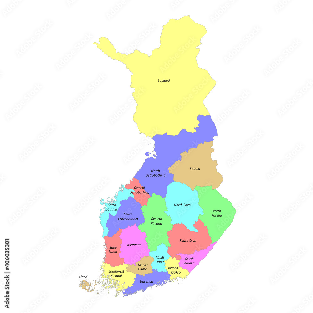 High quality labeled map of Finland with borders of the regions