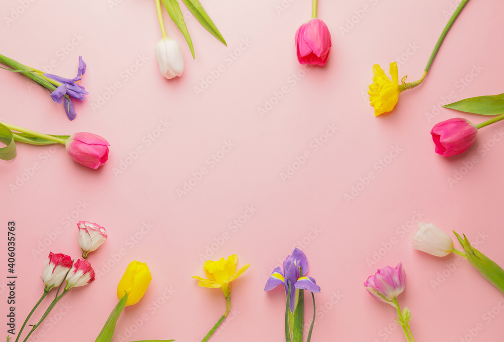Fototapeta Frame made of beautiful flowers on color background