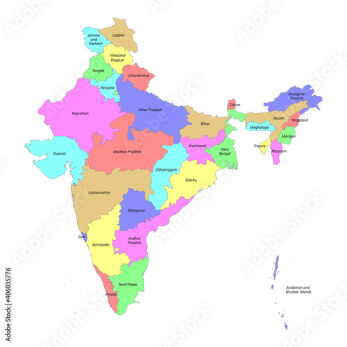 High quality labeled map of India with borders of the regions