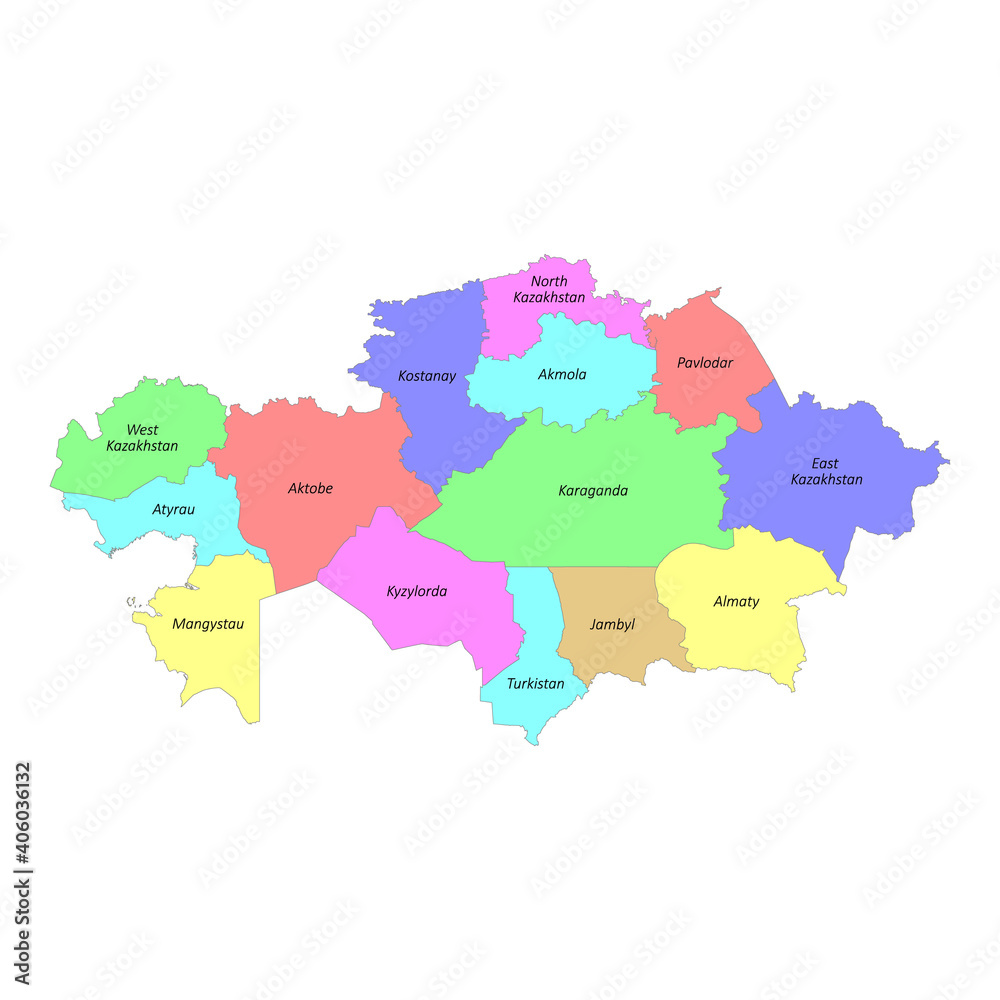 Fototapeta High quality labeled map of Kazakhstan with borders of the regions