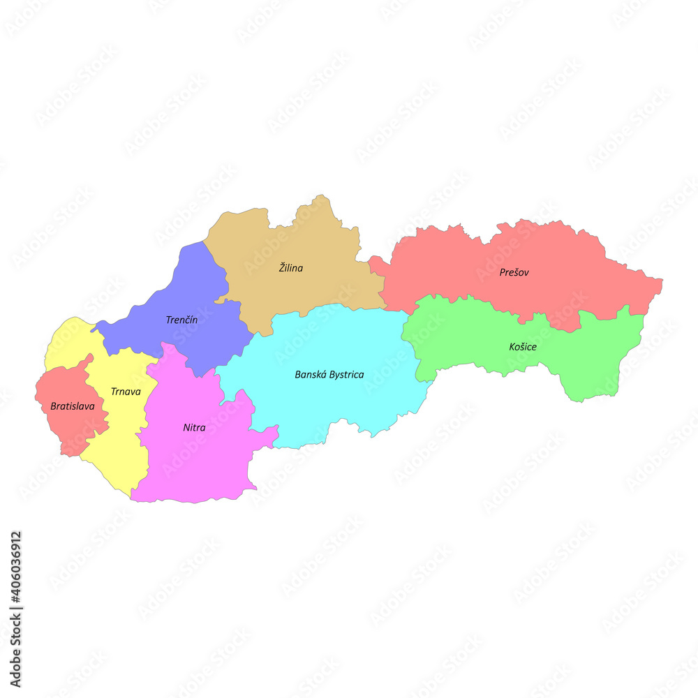 High quality labeled map of Slovakia with borders of the regions