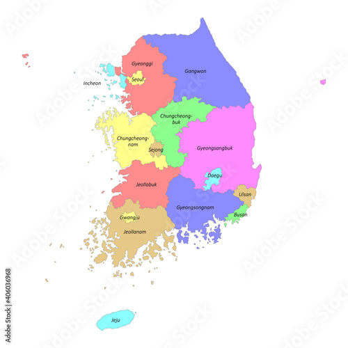 Photography High quality labeled map of with South Korea borders of the regions