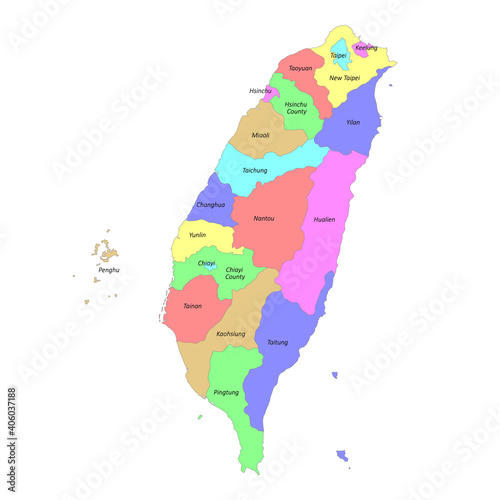 High quality labeled map of Taiwan with borders of the regions