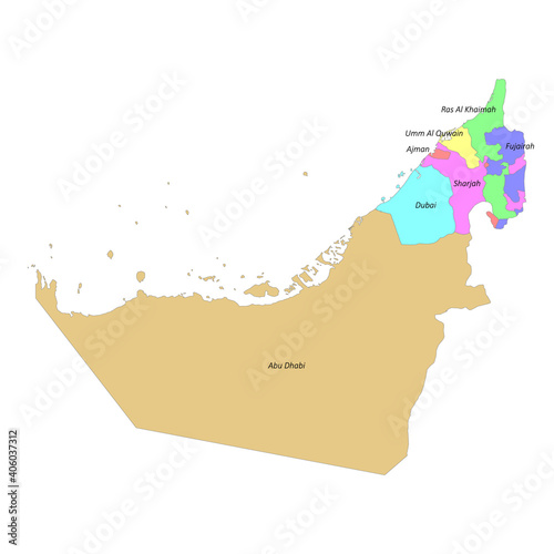 High quality labeled map of United Arab Emirates with borders of the regions