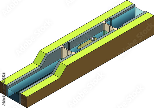 How canal locks work when moving a ship downstream (high to low). Step 3 of 4.