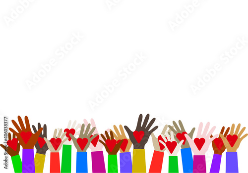 vector heart in hands of different colors. Multiracial hands with hearts reaching up