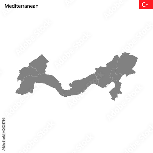 High Quality map Mediterranean region of Turkey, with borders
