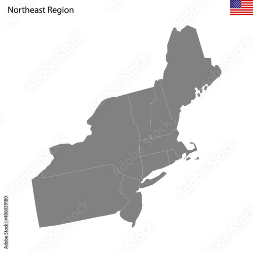 High Quality map of Northeast region of United States of America with borders