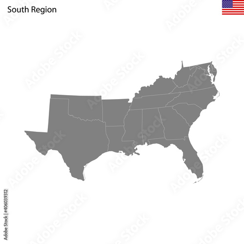 High Quality map of South region of United States of America with borders