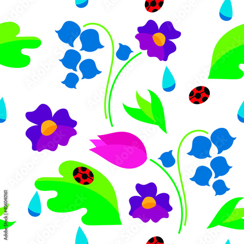 Seamless vector pattern with colorful graphic flowers on white background.