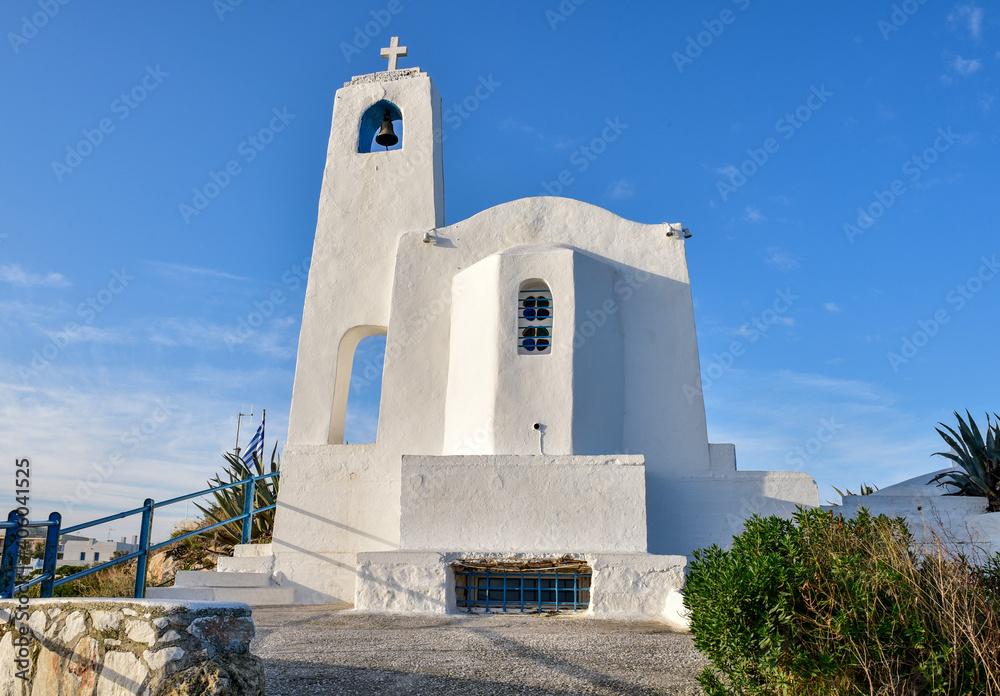 a white small orthodox chapel dedicated to St Nikolaos.Rafina,Greece