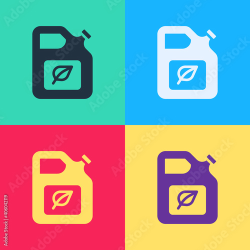 Pop art Bio fuel canister icon isolated on color background. Eco bio and barrel. Green environment and recycle. Vector.
