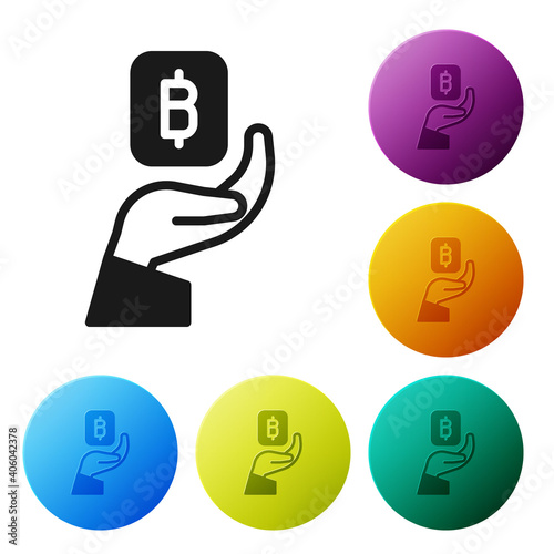 Black Hand holding Bitcoin icon isolated on white background. Blockchain technology, digital money market, cryptocoin wallet. Set icons in color circle buttons. Vector.