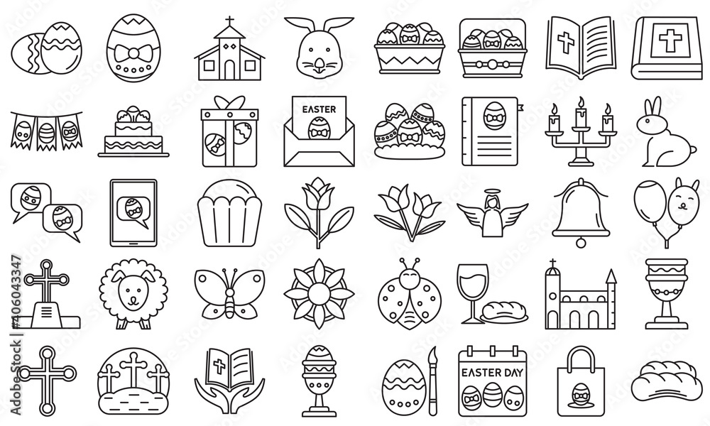 Set of collection happy easter day outline icon, Vector Illustration, Doodle Funny Set. Easter eggs, bunny, Easter cake, flowers, cupcakes. Isolated on white background, EPS 10 ready convert to SVG Set of collection happy easter day outline icon, Vector Illustration, Doodle Funny Set. Easter eggs, bunny, Easter cake, flowers, cupcakes. Isolated on white background, EPS 10 ready convert to SVG