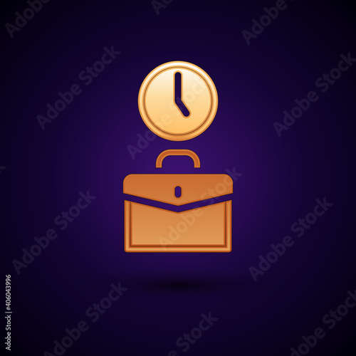 Gold Work time icon isolated on black background. Office worker. Working hours. Business briefcase. Vector.