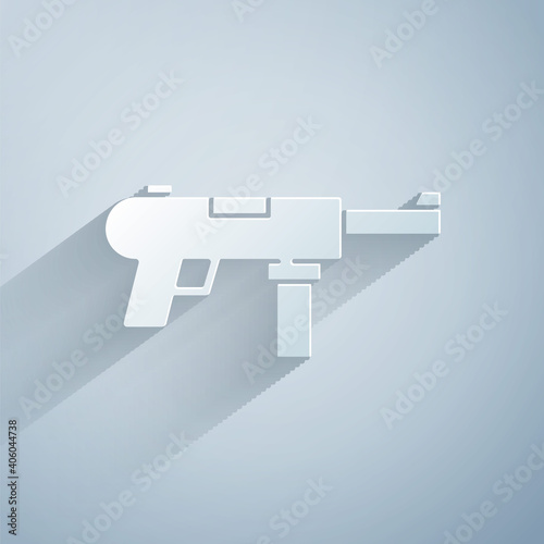 Paper cut Submachine gun M3, Grease gun icon isolated on grey background. Paper art style. Vector.