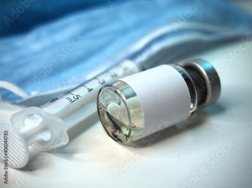 Vaccine covid-19 virus pandemic imunology, medical bottle with syringe