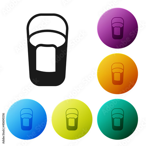 Black Bucket with rag icon isolated on white background. Cleaning service concept. Set icons in color circle buttons. Vector.