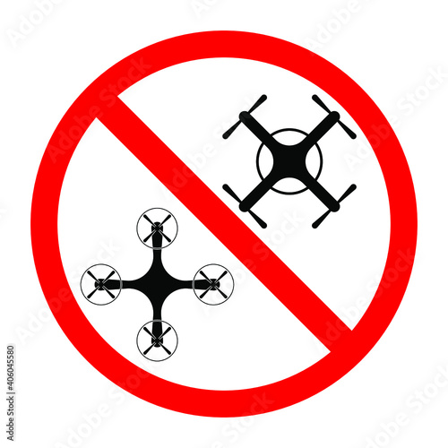 Two black drones quadcopter, red round prohibiting sign on white background for design, vector illustration