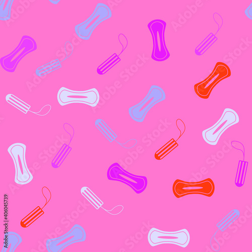 Female pads and tampons on a pink background, texture for design, seamless pattern, vector illustration