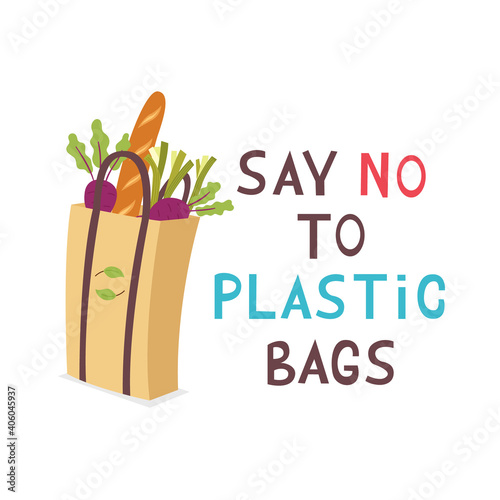 Eco Paper Grocery Shopping Bag. In the bag vegetables beets, leeks, baguette. Zero Waste. Ecological lettering no plastic bags concept. Reusable shopping bag. Vector flat illustration