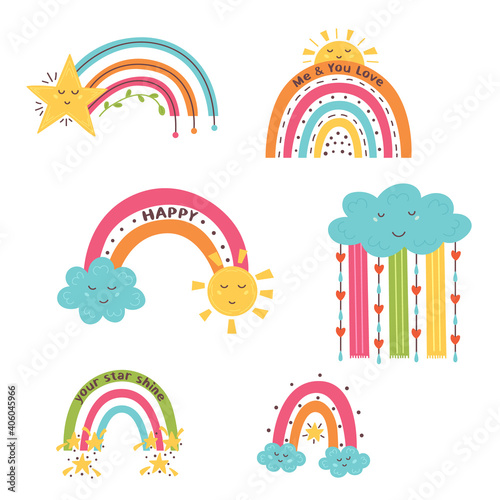 Set of cute bright baby rainbows with hearts, clouds, rain in childish isolated on white background. Collection doodle, hand-drawn vector design baby cute. Modern baby, kid illustrations