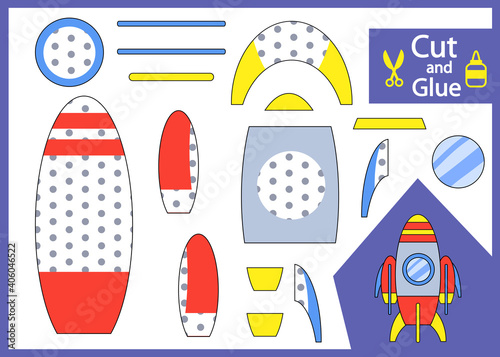 Cut and glue the paper rocket. Children funny riddle entertainment and amusement. Kids art game and activities jigsaw. Create toys spaceship yourself. Vector illustration.