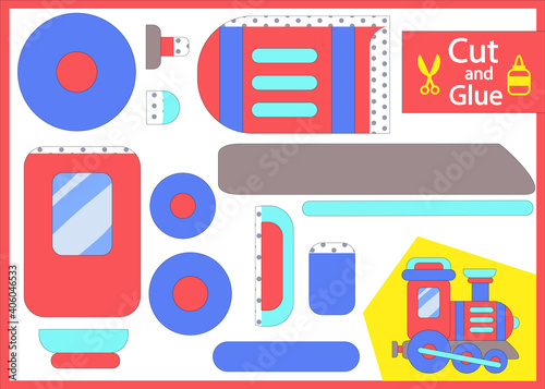 Cut and glue the paper Train. Children craft. Kids game and activities page. Create toys yourself. Vector illustration